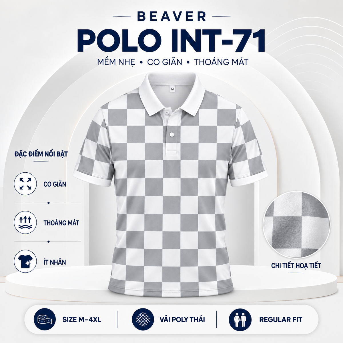 Áo Polo BEAVERTEE INT-71 Nam Nữ, Áo Polo Thể Thao Unisex Họa Tiết Caro Bàn Cờ Trắng Xám, Phong Cách Tối Giản Trẻ Trung, Vải Poly Thái Co Giãn Thoáng Mát, Regular Fit