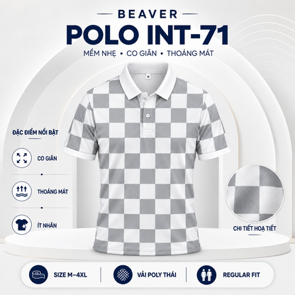 Áo Polo BEAVERTEE INT-71 Nam Nữ, Áo Polo Thể Thao Unisex Họa Tiết Caro Bàn Cờ Trắng Xám, Phong Cách Tối Giản Trẻ Trung, Vải Poly Thái Co Giãn Thoáng Mát, Regular Fit
