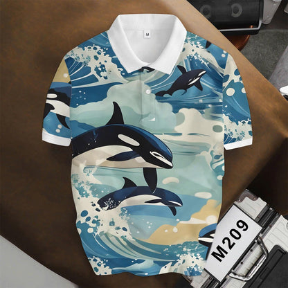 Áo Polo BEAVERTEE INT-83 Nam Nữ, Áo Polo Thể Thao Unisex Họa Tiết Cá Voi Sát Thủ Orca Đại Dương Xanh, Phong Cách Biển Mùa Hè Năng Động, Vải Poly Thái Co Giãn Thoáng Mát, Regular Fit