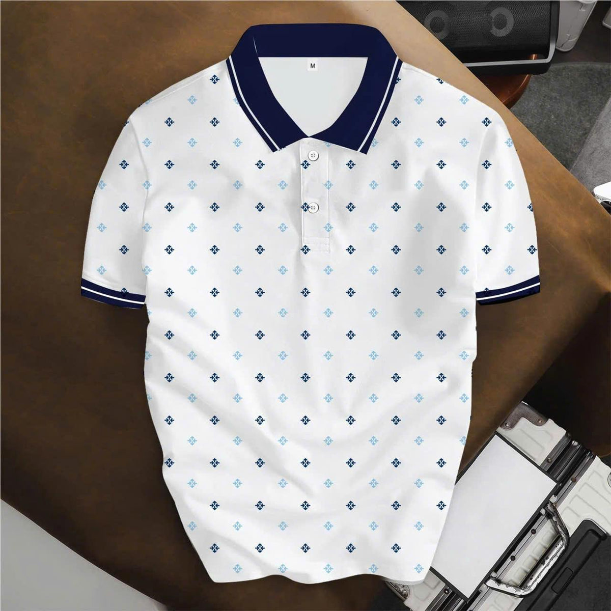 Áo Polo BEAVERTEE INT-96 Nam Nữ, Áo Polo Thể Thao Unisex Họa Tiết Hình Thoi Xanh Navy Xanh Dương Trên Nền Trắng, Phong Cách Tối Giản Thanh Lịch, Vải Poly Thái Co Giãn Thoáng Mát, Regular Fit