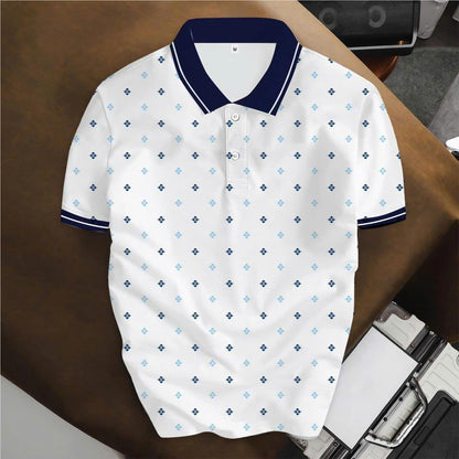 Áo Polo BEAVERTEE INT-96 Nam Nữ, Áo Polo Thể Thao Unisex Họa Tiết Hình Thoi Xanh Navy Xanh Dương Trên Nền Trắng, Phong Cách Tối Giản Thanh Lịch, Vải Poly Thái Co Giãn Thoáng Mát, Regular Fit