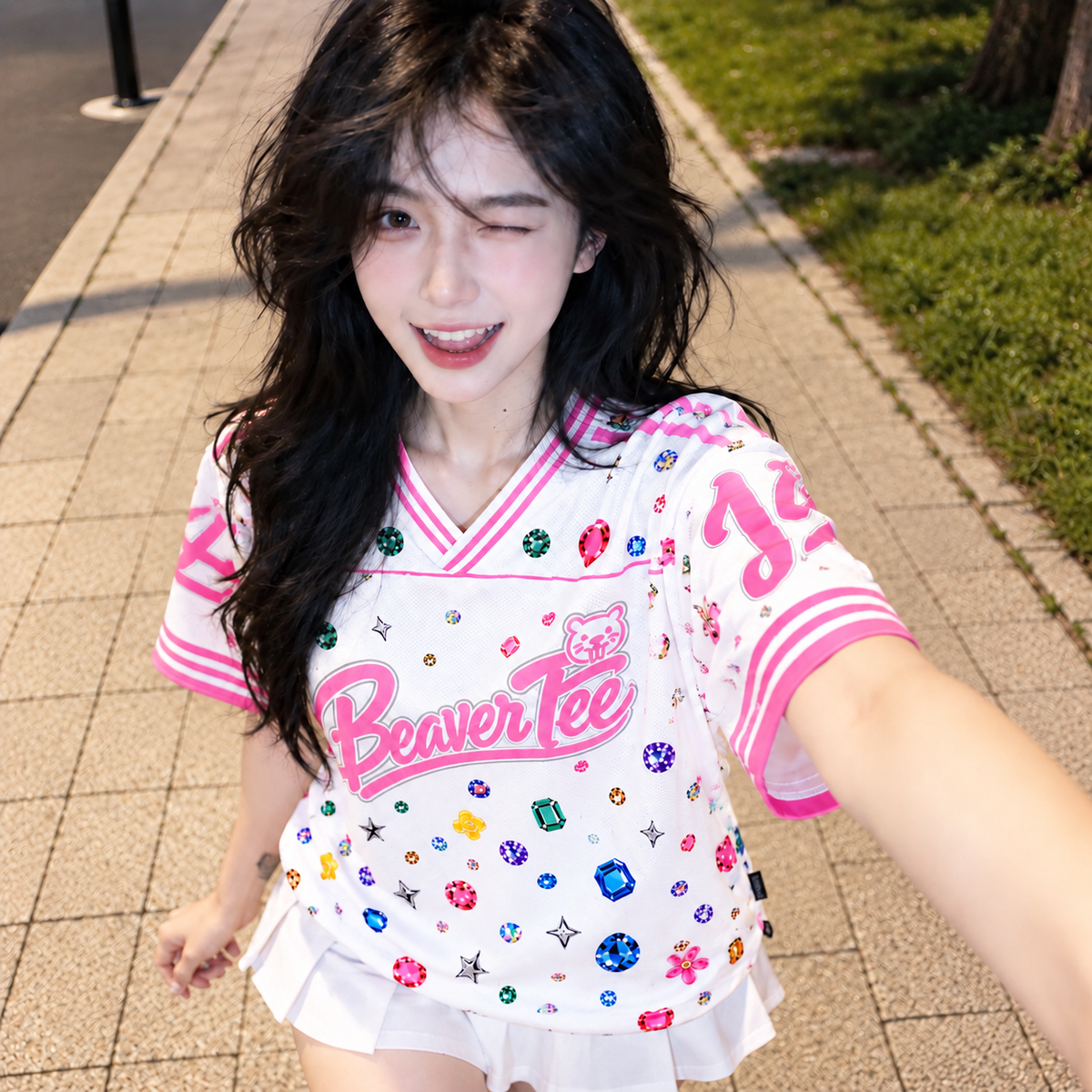 Áo Thun New Jersey BEAVERTEE NJS-25 Nam Nữ, Áo Jersey Thể Thao Unisex Họa Tiết Đá Quý Jewel Trắng Hồng, Phong Cách Streetwear Nổi Bật Dễ Thương, Jersey Thun Lưới Thoáng Khí, Form Boxy Oversize