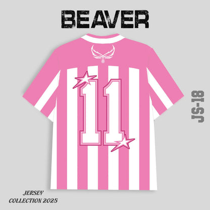 Áo Thun Jersey JS-18 BEAVERTEE Form Rộng Nam Nữ Cổ Tim, Thiết Kế Hồng Trắng Sọc Dọc Số 11 BEAVERCLUB Graphic Ngôi Sao Phong Cách Thể Thao Top Sport Cá Tính, Mềm Nhẹ Thoáng Mát