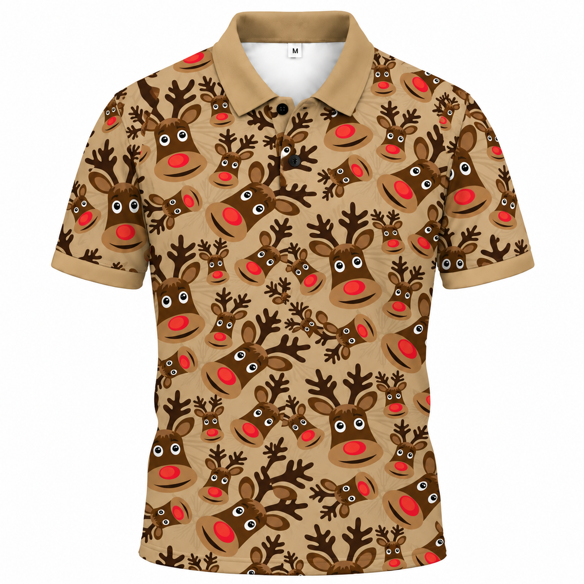 Áo Polo BEAVERTEE INT-23 Nam Nữ, Áo Polo Thể Thao Unisex Họa Tiết Tuần Lộc Mũi Đỏ Giáng Sinh, Tone Nâu Be Phong Cách Noel Vui Nhộn, Vải Poly Thái Co Giãn Thoáng Mát, Regular Fit