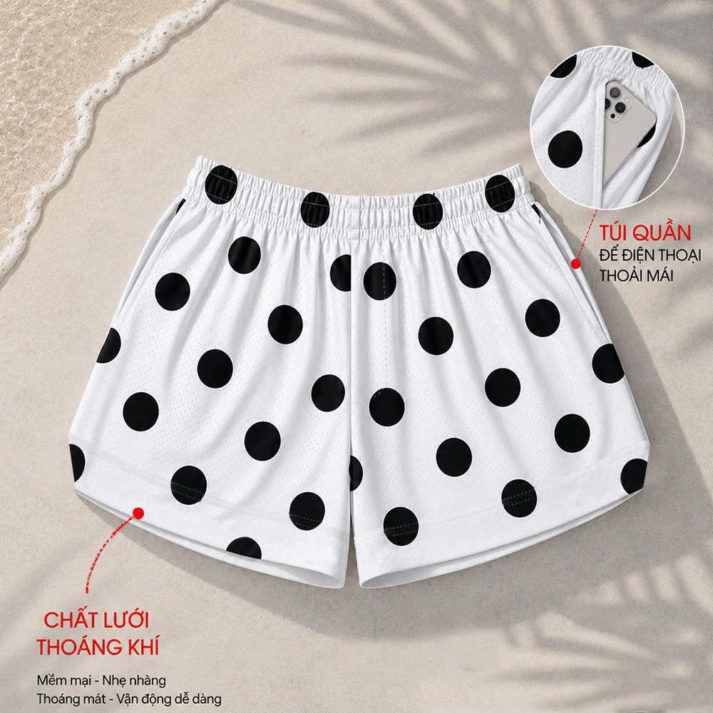 Quần Short Chấm Bi BEAVERTEE Nam Nữ Form Rộng, Họa Tiết Chấm Bi Đen Trắng Trẻ Trung, Vải Lưới Mềm Nhẹ Thoáng Khí, Cạp Thun Co Giãn, 2 Túi Sâu Tiện Dụng