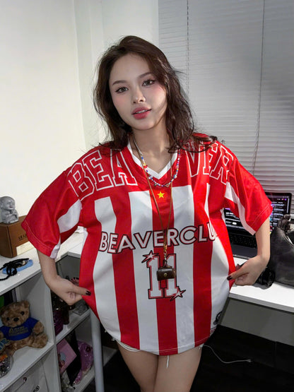 Áo Thun Jersey JS-22 BEAVERTEE Form Rộng Nam Nữ Cổ Tim, Thiết Kế Đỏ Trắng Sọc Dọc Số 11 BEAVERCLUB Graphic Ngôi Sao Phong Cách Thể Thao Top Sport Cá Tính, Mềm Nhẹ Thoáng Mát