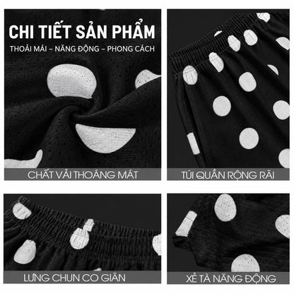 Quần Short Chấm Bi BEAVERTEE Nam Nữ Form Rộng, Họa Tiết Chấm Bi Đen Trắng Trẻ Trung, Vải Lưới Mềm Nhẹ Thoáng Khí, Cạp Thun Co Giãn, 2 Túi Sâu Tiện Dụng