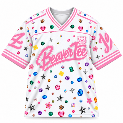 Áo Thun New Jersey BEAVERTEE NJS-25 Nam Nữ, Áo Jersey Thể Thao Unisex Họa Tiết Đá Quý Jewel Trắng Hồng, Phong Cách Streetwear Nổi Bật Dễ Thương, Jersey Thun Lưới Thoáng Khí, Form Boxy Oversize