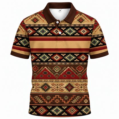 Áo Polo BEAVERTEE INT-92 Nam Nữ, Áo Polo Thể Thao Unisex Họa Tiết Thổ Cẩm Vintage Phối Nâu Đỏ Beige Xanh, Phong Cách Boho Cá Tính, Vải Poly Thái Co Giãn Thoáng Mát, Regular Fit