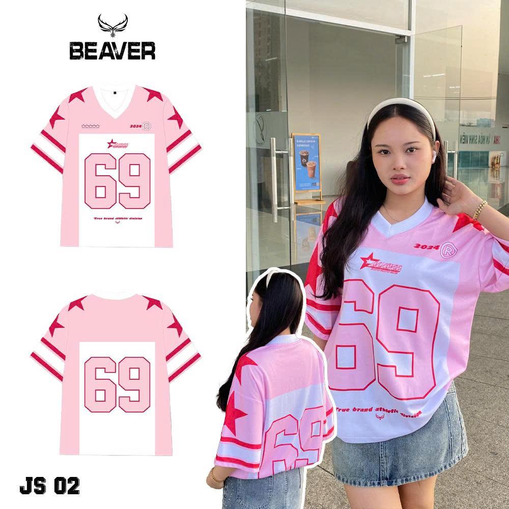Áo Thun Jersey 02 BEAVERTEE Form Rộng Nam Nữ Cổ Tim Phối Hồng Trắng, Thiết Kế Số 69 Phong Cách Thể Thao Top Sport Cá Tính, Mềm Nhẹ Thoáng Mát