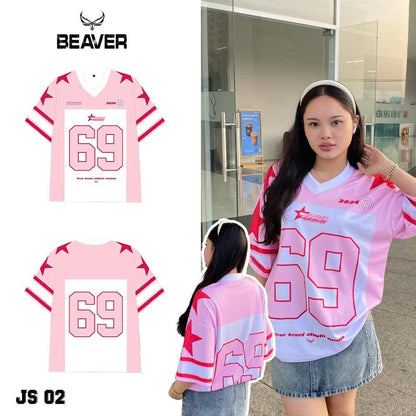 Áo Thun Jersey 02 BEAVERTEE Form Rộng Nam Nữ Cổ Tim Phối Hồng Trắng, Thiết Kế Số 69 Phong Cách Thể Thao Top Sport Cá Tính, Mềm Nhẹ Thoáng Mát