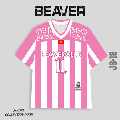 Áo Thun Jersey JS-18 BEAVERTEE Form Rộng Nam Nữ Cổ Tim, Thiết Kế Hồng Trắng Sọc Dọc Số 11 BEAVERCLUB Graphic Ngôi Sao Phong Cách Thể Thao Top Sport Cá Tính, Mềm Nhẹ Thoáng Mát