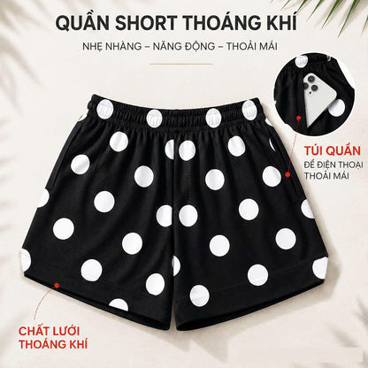 Quần Short Chấm Bi BEAVERTEE Nam Nữ Form Rộng, Họa Tiết Chấm Bi Đen Trắng Trẻ Trung, Vải Lưới Mềm Nhẹ Thoáng Khí, Cạp Thun Co Giãn, 2 Túi Sâu Tiện Dụng