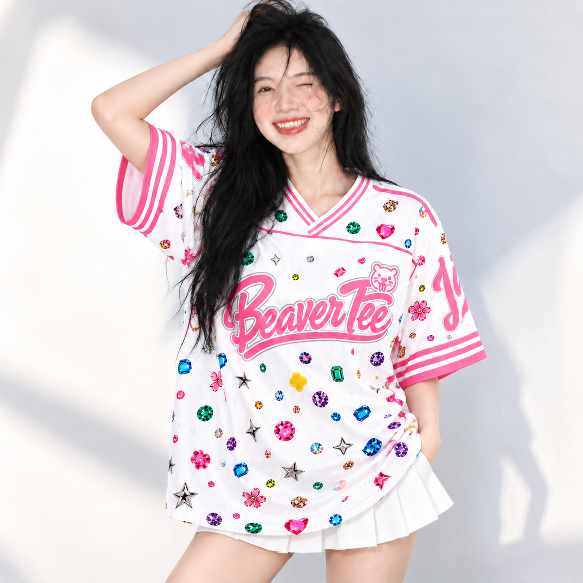 Áo Thun New Jersey BEAVERTEE NJS-25 Nam Nữ, Áo Jersey Thể Thao Unisex Họa Tiết Đá Quý Jewel Trắng Hồng, Phong Cách Streetwear Nổi Bật Dễ Thương, Jersey Thun Lưới Thoáng Khí, Form Boxy Oversize