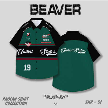 Áo Sơ Mi Phối SMR-51 BEAVERTEE Form Rộng Unisex Nam Nữ, Thiết Kế Xanh Rêu Đen Đỏ Graphic United States Số 19 Cá Tính, Lụa Hàn Mềm Mịn Thoáng Mát
