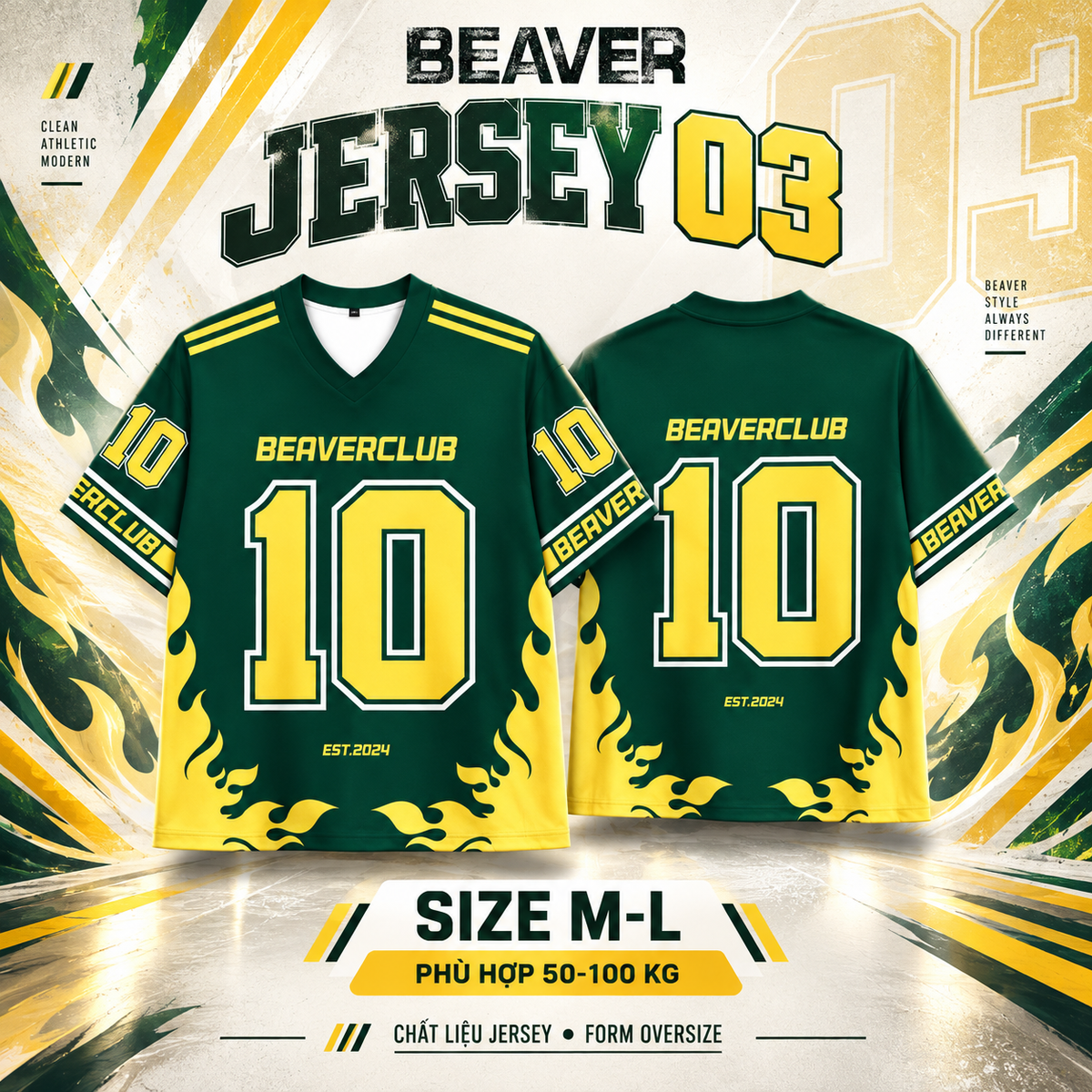 Áo Thun Jersey 03 BEAVERTEE Form Rộng Nam Nữ Cổ Tim, Thiết Kế Xanh Lá Vàng Số 10 Graphic Ngọn Lửa Phong Cách Thể Thao Top Sport Cá Tính, Mềm Nhẹ Thoáng Mát