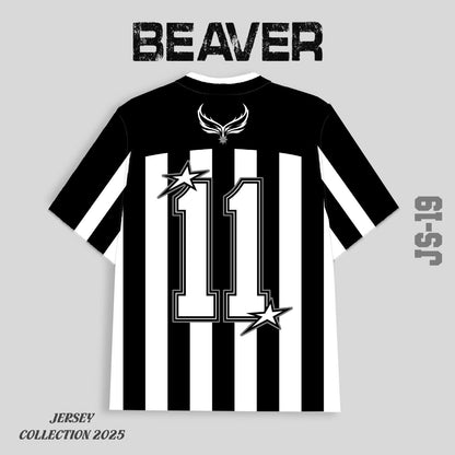 Áo Thun Jersey JS-19 BEAVERTEE Form Rộng Nam Nữ Cổ Tim, Thiết Kế Đen Trắng Sọc Dọc Số 11 BEAVERCLUB Graphic Ngôi Sao Phong Cách Thể Thao Top Sport Cá Tính, Mềm Nhẹ Thoáng Mát