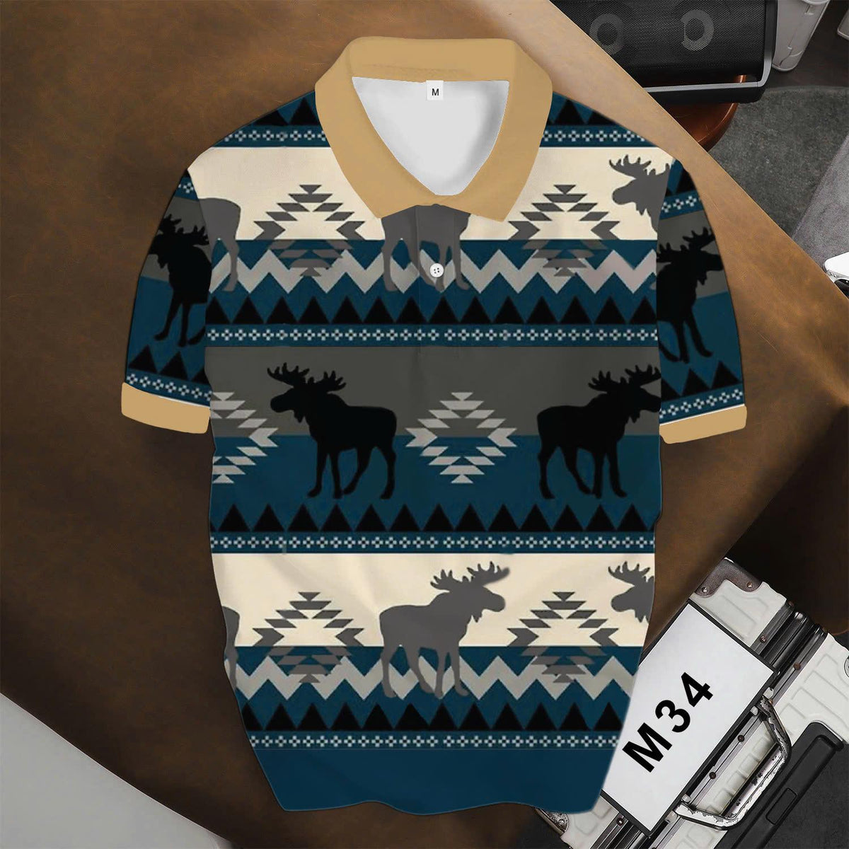 Áo Polo BEAVERTEE INT-94 Nam Nữ, Áo Polo Thể Thao Unisex Họa Tiết Tuần Lộc Phối Thổ Cẩm Xanh Beige, Phong Cách Vintage Cá Tính, Vải Poly Thái Co Giãn Thoáng Mát, Regular Fit