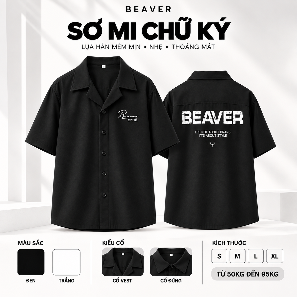 Áo Sơ Mi Chữ Ký BEAVERTEE Nam Nữ – Sơ Mi Tay Ngắn Form Rộng, Vải Lụa Chéo Mát Mẻ Thấm Hút Mồ Hôi, Cổ Vest/Cổ Đứng