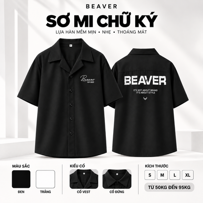 Áo Sơ Mi Chữ Ký BEAVERTEE Nam Nữ – Sơ Mi Tay Ngắn Form Rộng, Vải Lụa Chéo Mát Mẻ Thấm Hút Mồ Hôi, Cổ Vest/Cổ Đứng