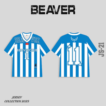 Áo Thun Jersey JS-21 BEAVERTEE Form Rộng Nam Nữ Cổ Tim, Thiết Kế Xanh Trắng Sọc Dọc Số 11 BEAVERCLUB Graphic Ngôi Sao Phong Cách Thể Thao Top Sport Cá Tính, Mềm Nhẹ Thoáng Mát