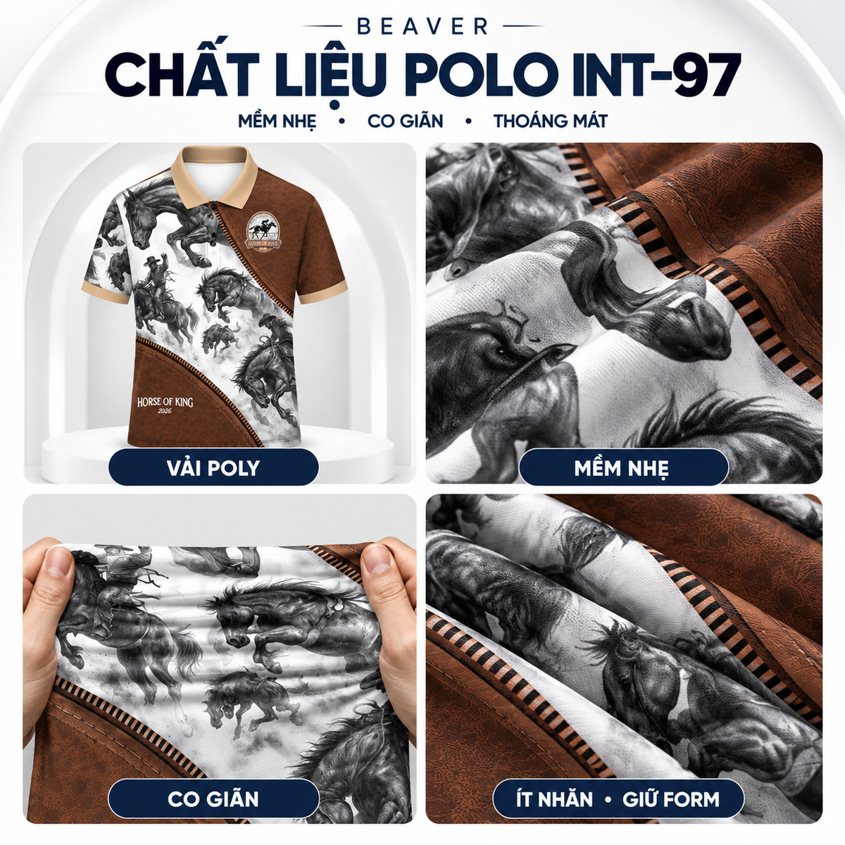 Áo Polo Họa Tiết Ngựa INT-97 BEAVERTEE – Horse of King 2026 Phong Cách Mạnh Mẽ Cá Tính, Nam Nữ Unisex, Vải Poly Mềm Nhẹ Co Giãn Thoáng Mát, Form Vừa Vặn