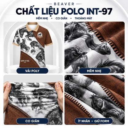 Áo Polo Họa Tiết Ngựa INT-97 BEAVERTEE – Horse of King 2026 Phong Cách Mạnh Mẽ Cá Tính, Nam Nữ Unisex, Vải Poly Mềm Nhẹ Co Giãn Thoáng Mát, Form Vừa Vặn