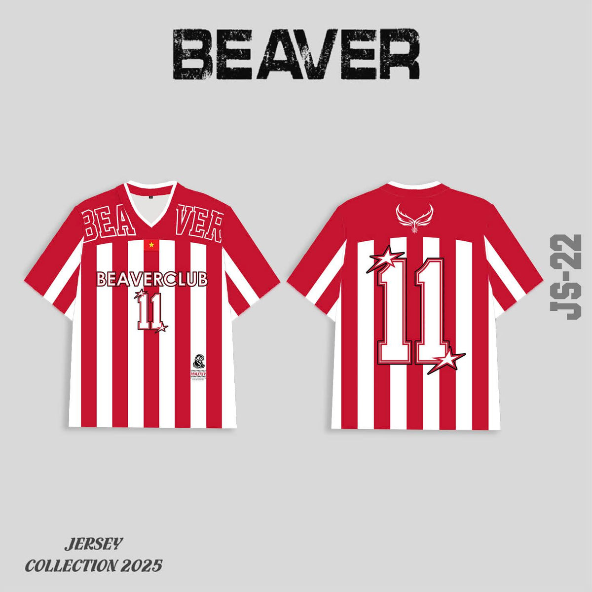 Áo Thun Jersey JS-22 BEAVERTEE Form Rộng Nam Nữ Cổ Tim, Thiết Kế Đỏ Trắng Sọc Dọc Số 11 BEAVERCLUB Graphic Ngôi Sao Phong Cách Thể Thao Top Sport Cá Tính, Mềm Nhẹ Thoáng Mát