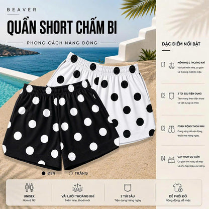 Quần Short Chấm Bi BEAVERTEE Nam Nữ Form Rộng, Họa Tiết Chấm Bi Đen Trắng Trẻ Trung, Vải Lưới Mềm Nhẹ Thoáng Khí, Cạp Thun Co Giãn, 2 Túi Sâu Tiện Dụng