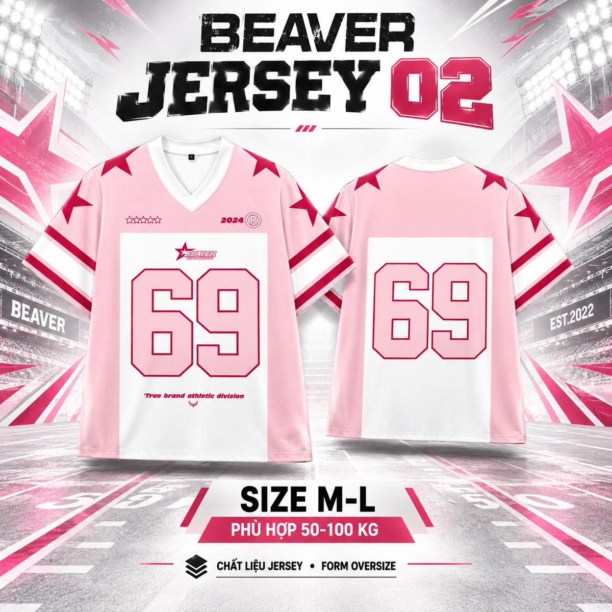 Áo Thun Jersey 02 BEAVERTEE Form Rộng Nam Nữ Cổ Tim Phối Hồng Trắng, Thiết Kế Số 69 Phong Cách Thể Thao Top Sport Cá Tính, Mềm Nhẹ Thoáng Mát