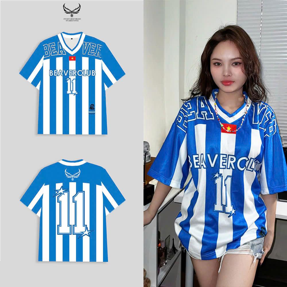 Áo Thun Jersey JS-21 BEAVERTEE Form Rộng Nam Nữ Cổ Tim, Thiết Kế Xanh Trắng Sọc Dọc Số 11 BEAVERCLUB Graphic Ngôi Sao Phong Cách Thể Thao Top Sport Cá Tính, Mềm Nhẹ Thoáng Mát
