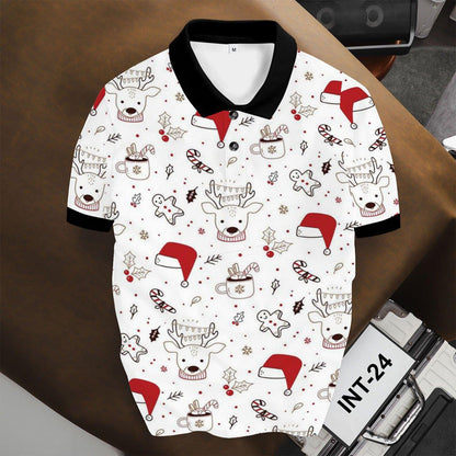 Áo Polo BEAVERTEE INT-24 Nam Nữ, Áo Polo Thể Thao Unisex Họa Tiết Giáng Sinh Tuần Lộc Mũ Noel Kẹo Gậy Trên Nền Trắng, Phong Cách Christmas Trẻ Trung, Vải Poly Thái Co Giãn Thoáng Mát, Regular Fit
