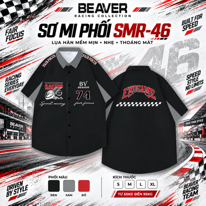 Áo Sơ Mi Phối SMR-46 BEAVERTEE Form Rộng Unisex Nam Nữ, Thiết Kế Đen Xám Đỏ Graphic 74 Endgame Cá Tính, Lụa Hàn Mềm Mịn Thoáng Mát