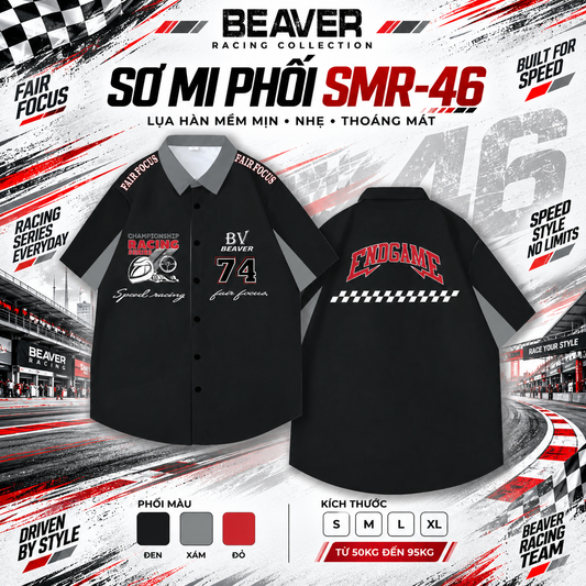 Áo Sơ Mi Phối SMR-46 BEAVERTEE Form Rộng Unisex Nam Nữ, Thiết Kế Đen Xám Đỏ Graphic 74 Endgame Cá Tính, Lụa Hàn Mềm Mịn Thoáng Mát
