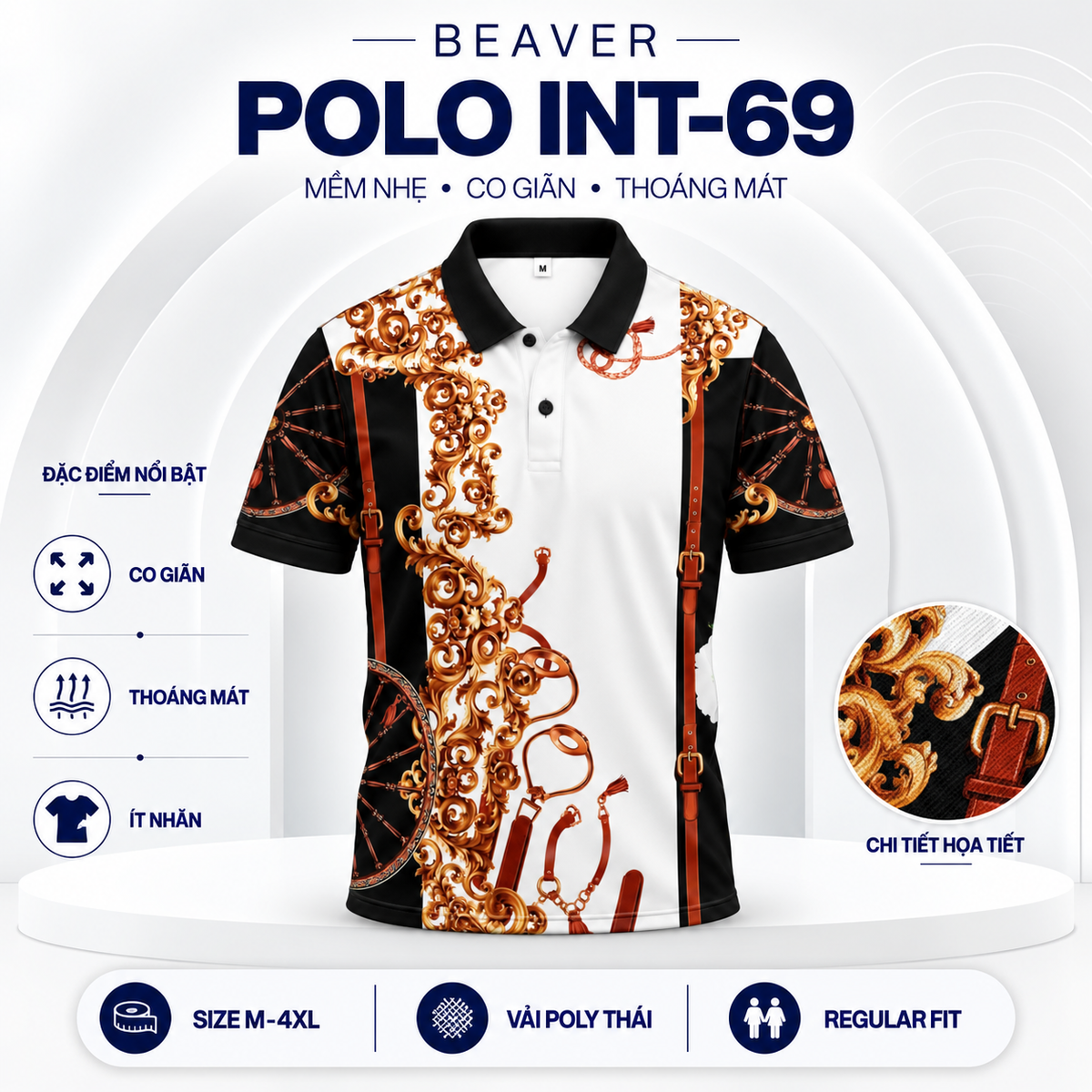 Áo Polo BEAVERTEE INT-69 Nam Nữ, Áo Polo Thể Thao Unisex Họa Tiết Hoa Văn Dây Xích Đen Trắng Nâu Vàng, Phong Cách Sang Trọng Cá Tính, Vải Poly Thái Co Giãn Thoáng Mát, Regular Fit