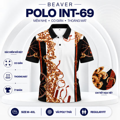 Áo Polo BEAVERTEE INT-69 Nam Nữ, Áo Polo Thể Thao Unisex Họa Tiết Hoa Văn Dây Xích Đen Trắng Nâu Vàng, Phong Cách Sang Trọng Cá Tính, Vải Poly Thái Co Giãn Thoáng Mát, Regular Fit
