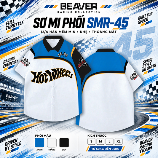 Áo Sơ Mi Phối SMR-45 BEAVERTEE Form Rộng Unisex Nam Nữ, Thiết Kế Phối Xanh Trắng Đen Graphic Hot Wheels Cá Tính, Lụa Hàn Mềm Mịn Thoáng Mát