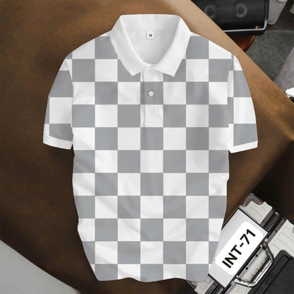 Áo Polo BEAVERTEE INT-71 Nam Nữ, Áo Polo Thể Thao Unisex Họa Tiết Caro Bàn Cờ Trắng Xám, Phong Cách Tối Giản Trẻ Trung, Vải Poly Thái Co Giãn Thoáng Mát, Regular Fit