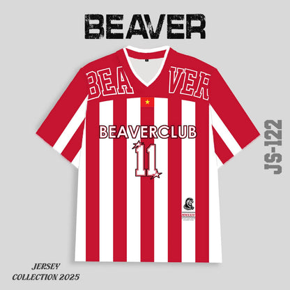Áo Thun Jersey JS-22 BEAVERTEE Form Rộng Nam Nữ Cổ Tim, Thiết Kế Đỏ Trắng Sọc Dọc Số 11 BEAVERCLUB Graphic Ngôi Sao Phong Cách Thể Thao Top Sport Cá Tính, Mềm Nhẹ Thoáng Mát