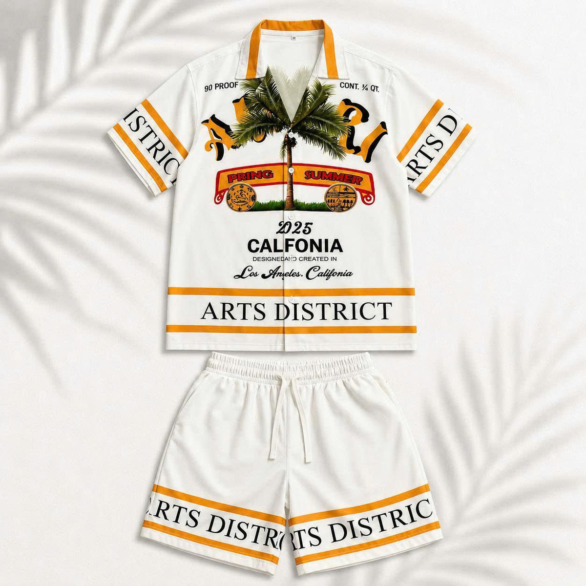 Set Áo Sơ Mi Và Quần Short Lụa Họa Tiết SMRBO-08 BEAVERTEE Form Oversize Unisex Nam Nữ, Thiết Kế Trắng Cam Graphic California Summer Arts District Cây Dừa Nổi Bật, Lụa Mềm Mịn Nhẹ Thoáng Mát