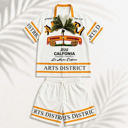 Set Áo Sơ Mi Và Quần Short Lụa Họa Tiết SMRBO-08 BEAVERTEE Form Oversize Unisex Nam Nữ, Thiết Kế Trắng Cam Graphic California Summer Arts District Cây Dừa Nổi Bật, Lụa Mềm Mịn Nhẹ Thoáng Mát