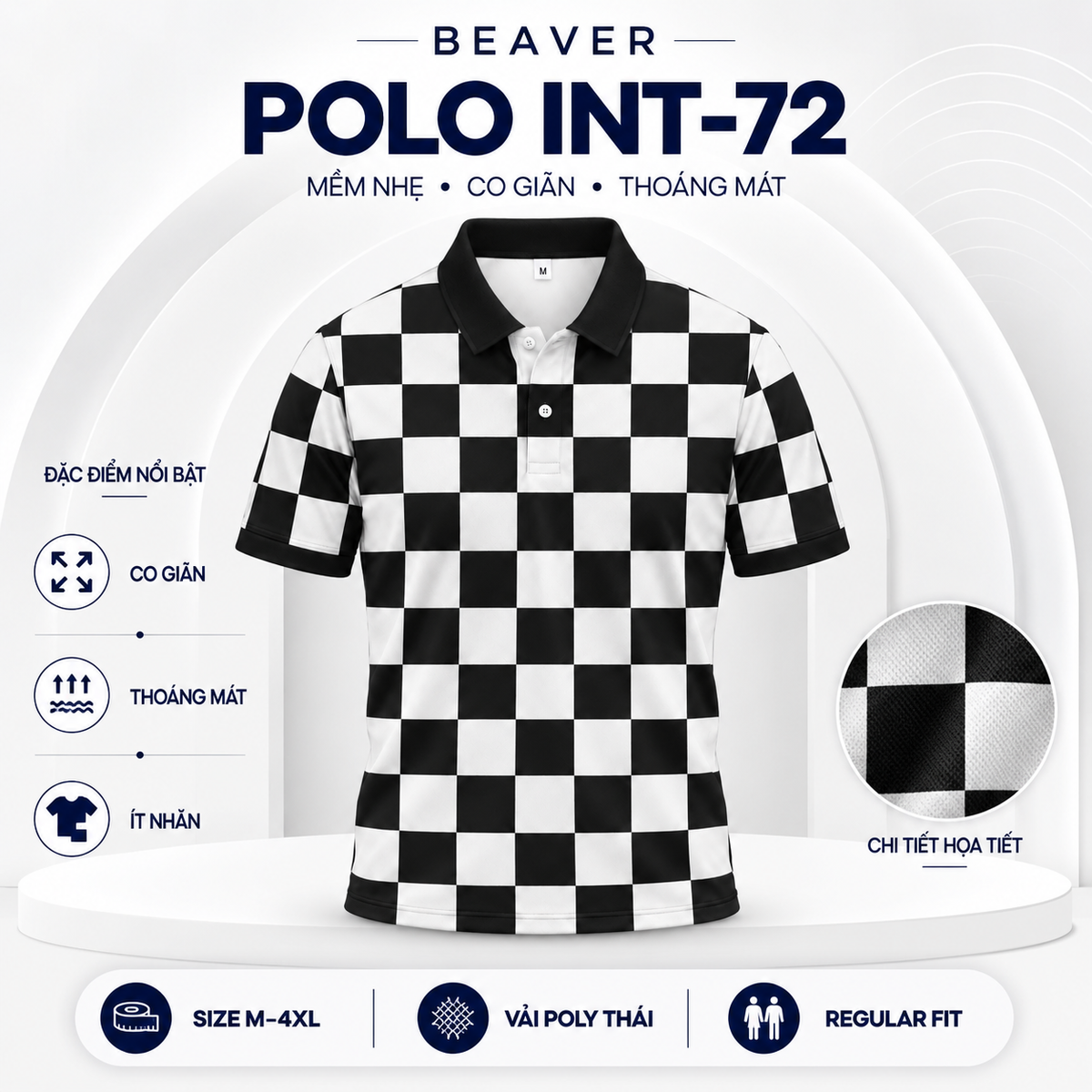 Áo Polo BEAVERTEE INT-72 Nam Nữ, Áo Polo Thể Thao Unisex Họa Tiết Caro Bàn Cờ Đen Trắng, Phong Cách Streetwear Tối Giản Cá Tính, Vải Poly Thái Co Giãn Thoáng Mát, Regular Fit