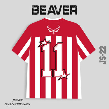 Áo Thun Jersey JS-22 BEAVERTEE Form Rộng Nam Nữ Cổ Tim, Thiết Kế Đỏ Trắng Sọc Dọc Số 11 BEAVERCLUB Graphic Ngôi Sao Phong Cách Thể Thao Top Sport Cá Tính, Mềm Nhẹ Thoáng Mát