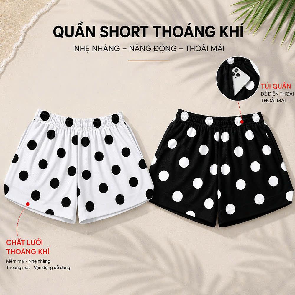 Quần Short Chấm Bi BEAVERTEE Nam Nữ Form Rộng, Họa Tiết Chấm Bi Đen Trắng Trẻ Trung, Vải Lưới Mềm Nhẹ Thoáng Khí, Cạp Thun Co Giãn, 2 Túi Sâu Tiện Dụng