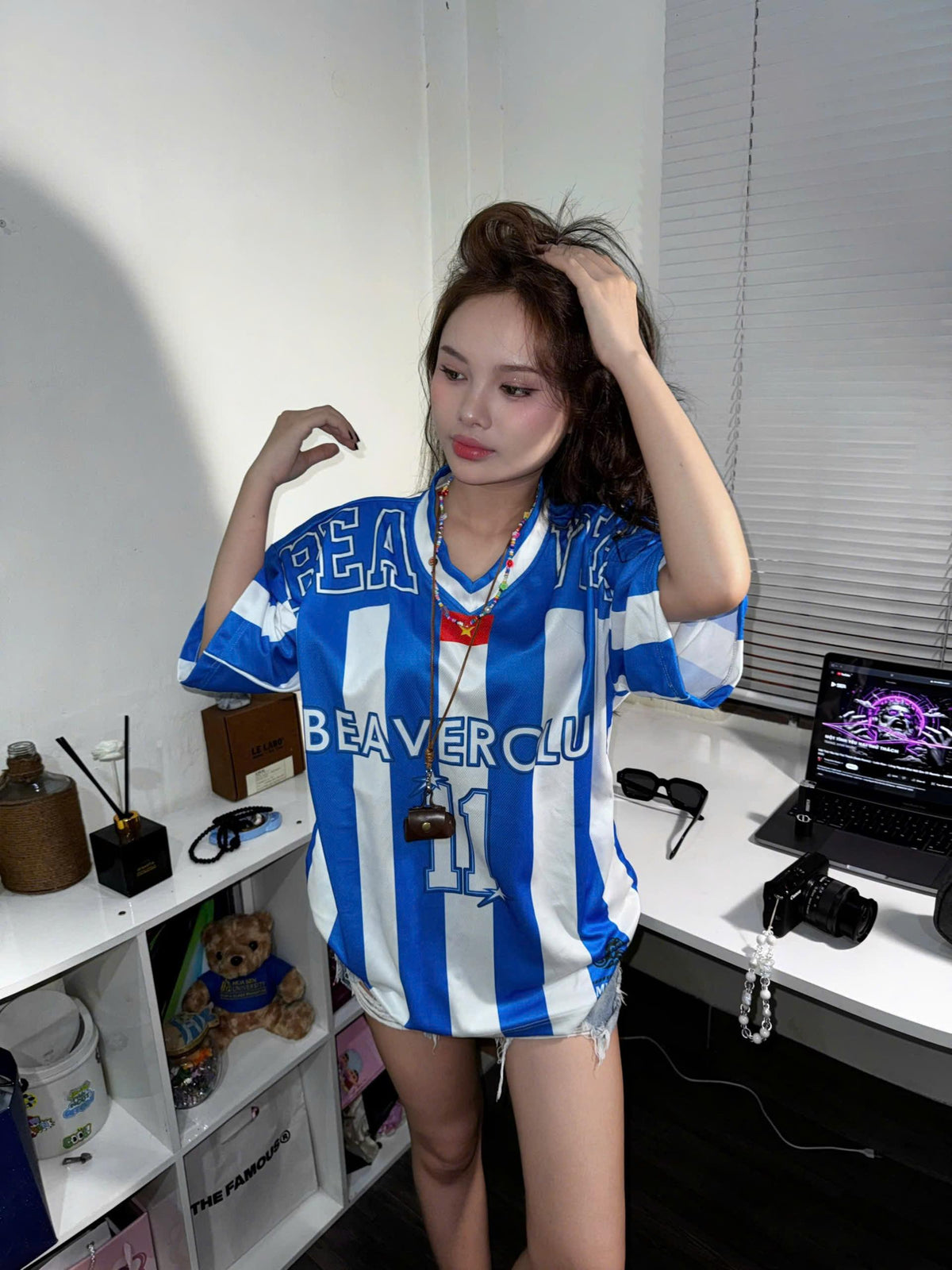 Áo Thun Jersey JS-21 BEAVERTEE Form Rộng Nam Nữ Cổ Tim, Thiết Kế Xanh Trắng Sọc Dọc Số 11 BEAVERCLUB Graphic Ngôi Sao Phong Cách Thể Thao Top Sport Cá Tính, Mềm Nhẹ Thoáng Mát