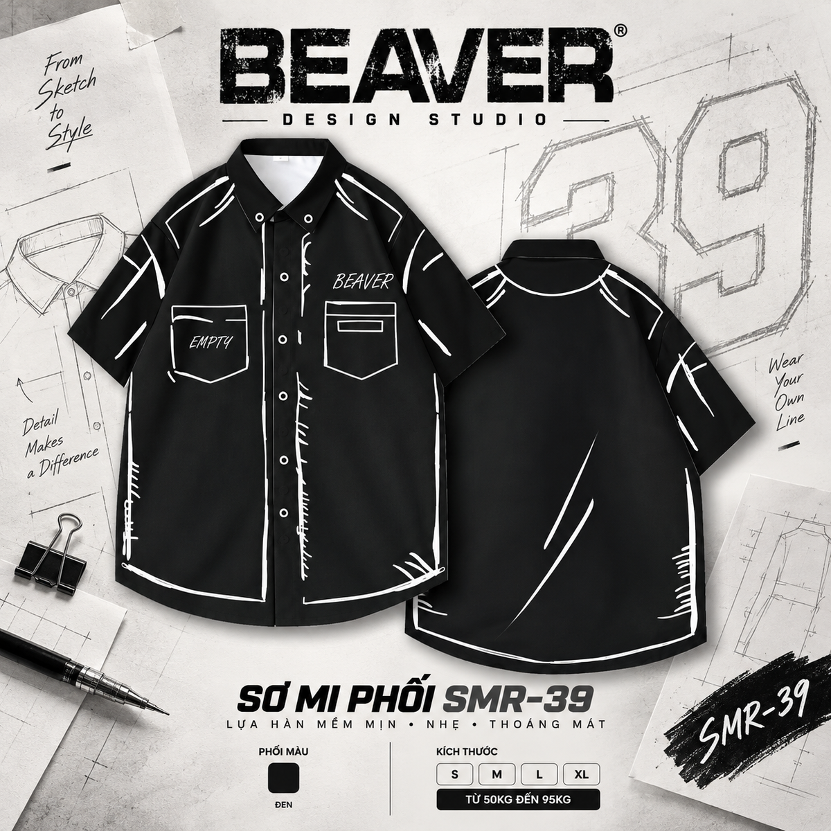 Áo Sơ Mi Phối SMR-39 BEAVERTEE Form Rộng Unisex Nam Nữ, Thiết Kế Nét Vẽ Đen Trắng Cá Tính, Lụa Hàn Mềm Mịn Thoáng Mát