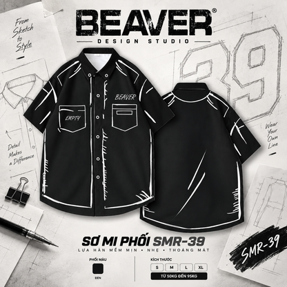 Áo Sơ Mi Phối SMR-39 BEAVERTEE Form Rộng Unisex Nam Nữ, Thiết Kế Nét Vẽ Đen Trắng Cá Tính, Lụa Hàn Mềm Mịn Thoáng Mát