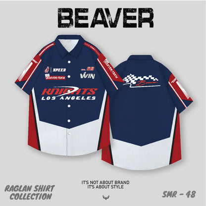 Áo Sơ Mi Phối SMR-48 BEAVERTEE Form Rộng Unisex Nam Nữ, Thiết Kế Phối Xanh Navy Đỏ Trắng Graphic 98 Los Angeles Cá Tính, Lụa Hàn Mềm Mịn Thoáng Mát