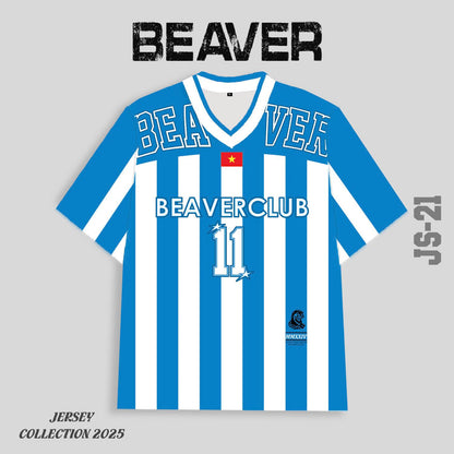 Áo Thun Jersey JS-21 BEAVERTEE Form Rộng Nam Nữ Cổ Tim, Thiết Kế Xanh Trắng Sọc Dọc Số 11 BEAVERCLUB Graphic Ngôi Sao Phong Cách Thể Thao Top Sport Cá Tính, Mềm Nhẹ Thoáng Mát