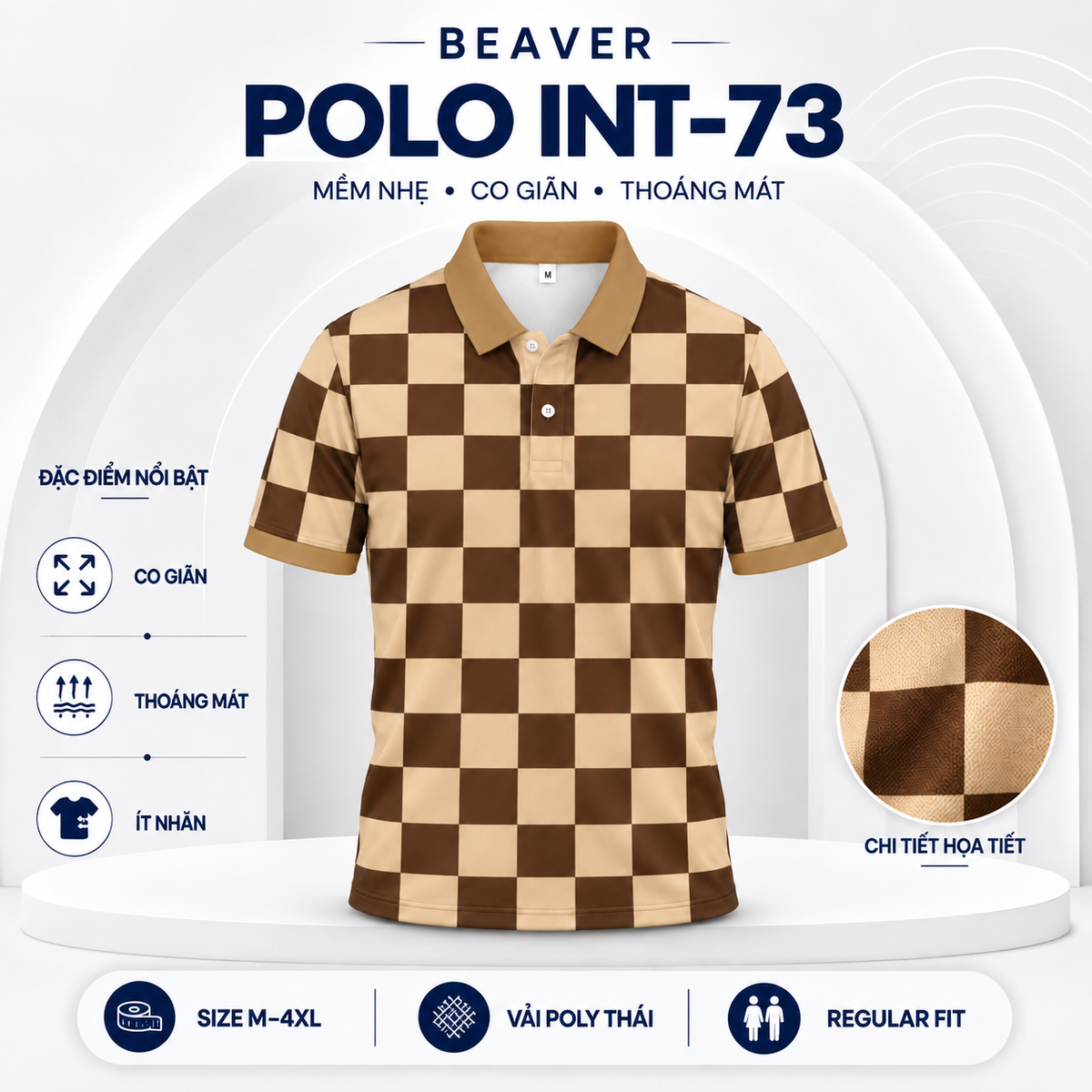 Áo Polo BEAVERTEE INT-73 Nam Nữ, Áo Polo Thể Thao Unisex Họa Tiết Caro Bàn Cờ Nâu Kem, Phong Cách Tối Giản Trẻ Trung, Vải Poly Thái Co Giãn Thoáng Mát, Regular Fit